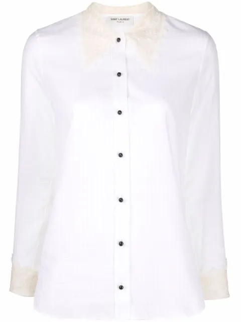 Saint Laurent camisa con motivo de rayas y ribete de encaje