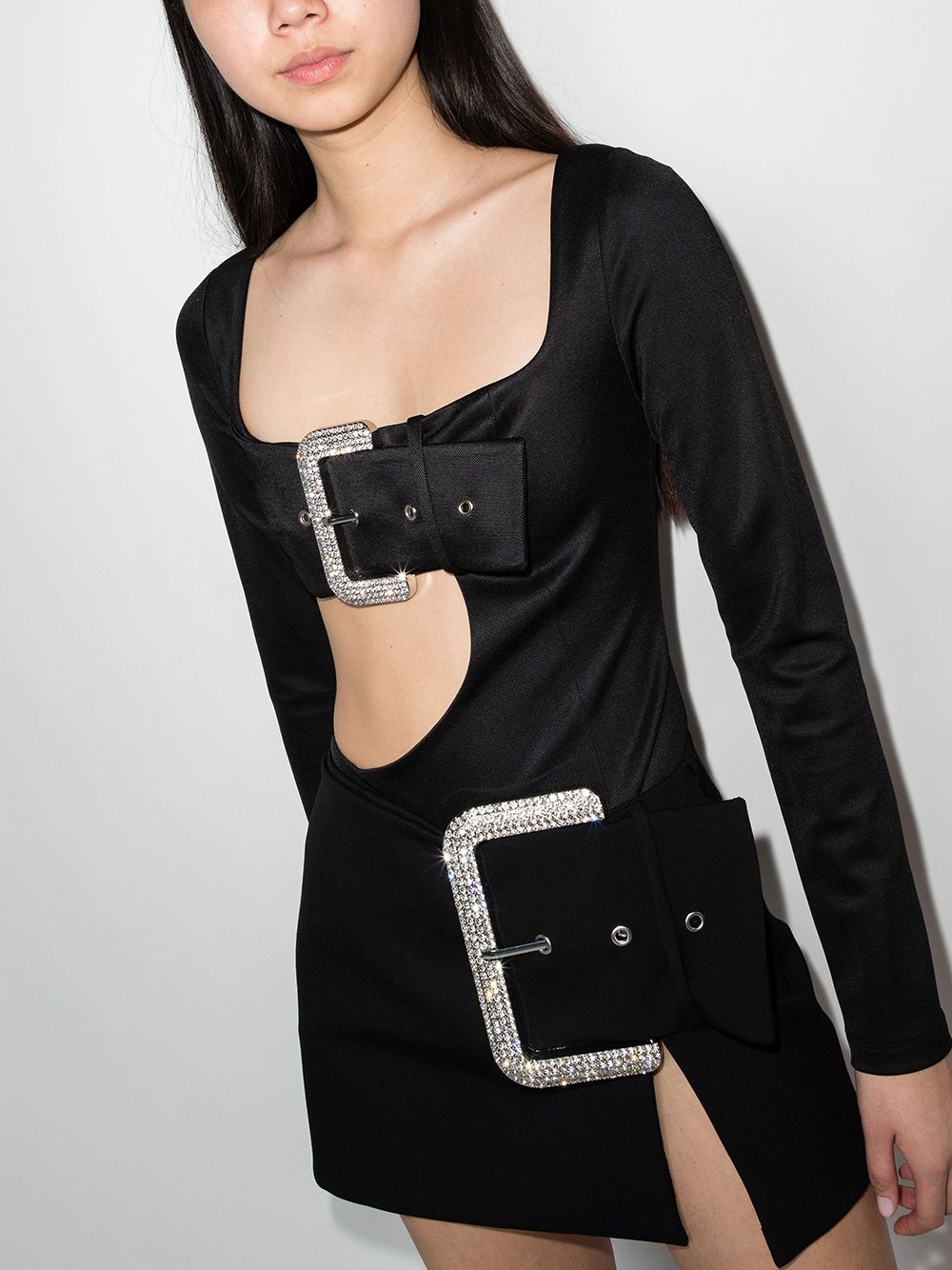 AREA Black Crystal Buckle Cutout Bodysuit AREA