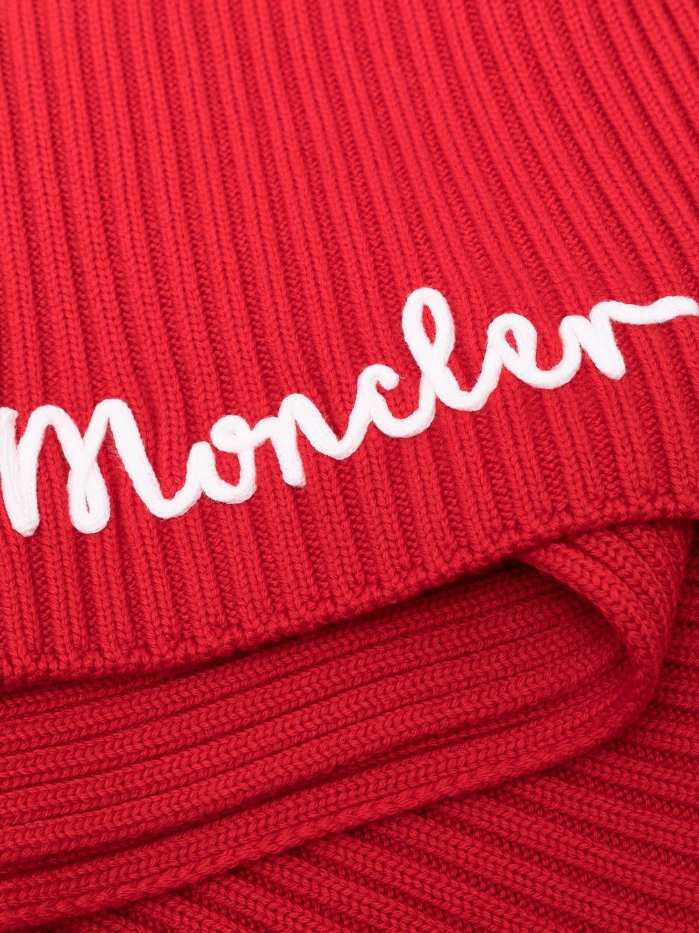 Shop Moncler Logo-embroidered Ribbed Scarf In Red