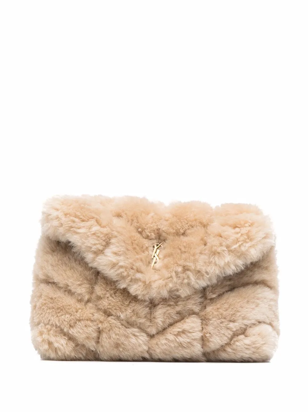 Click to view more detailed imagery on our partner's website Saint Laurent Puffer Small Quilted Shearling Pouch Clutch Bag In Nude