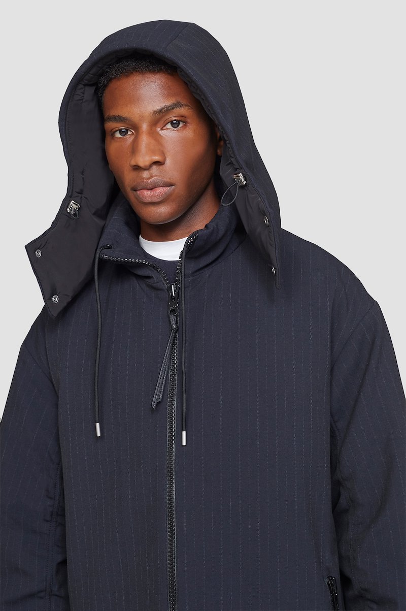 Puffer Parka-grey #0 Puffer Parka, padded parka jacket from 3.1 PHILLIP LIM featuring midnight blue, lightweight construction, padded design, pinstripe pattern, detachable hood, drawstring hood, front zip fastening, long sleeves, side zip-fastening pocket and mid-length.- 4