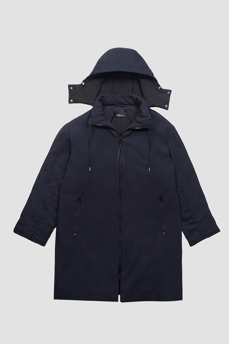 Puffer Parka-grey #1 Puffer Parka, padded parka jacket from 3.1 PHILLIP LIM featuring midnight blue, lightweight construction, padded design, pinstripe pattern, detachable hood, drawstring hood, front zip fastening, long sleeves, side zip-fastening pocket and mid-length.- 7