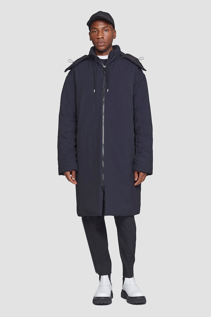 Puffer Parka-grey #1 Puffer Parka, padded parka jacket from 3.1 PHILLIP LIM featuring midnight blue, lightweight construction, padded design, pinstripe pattern, detachable hood, drawstring hood, front zip fastening, long sleeves, side zip-fastening pocket and mid-length.- 1