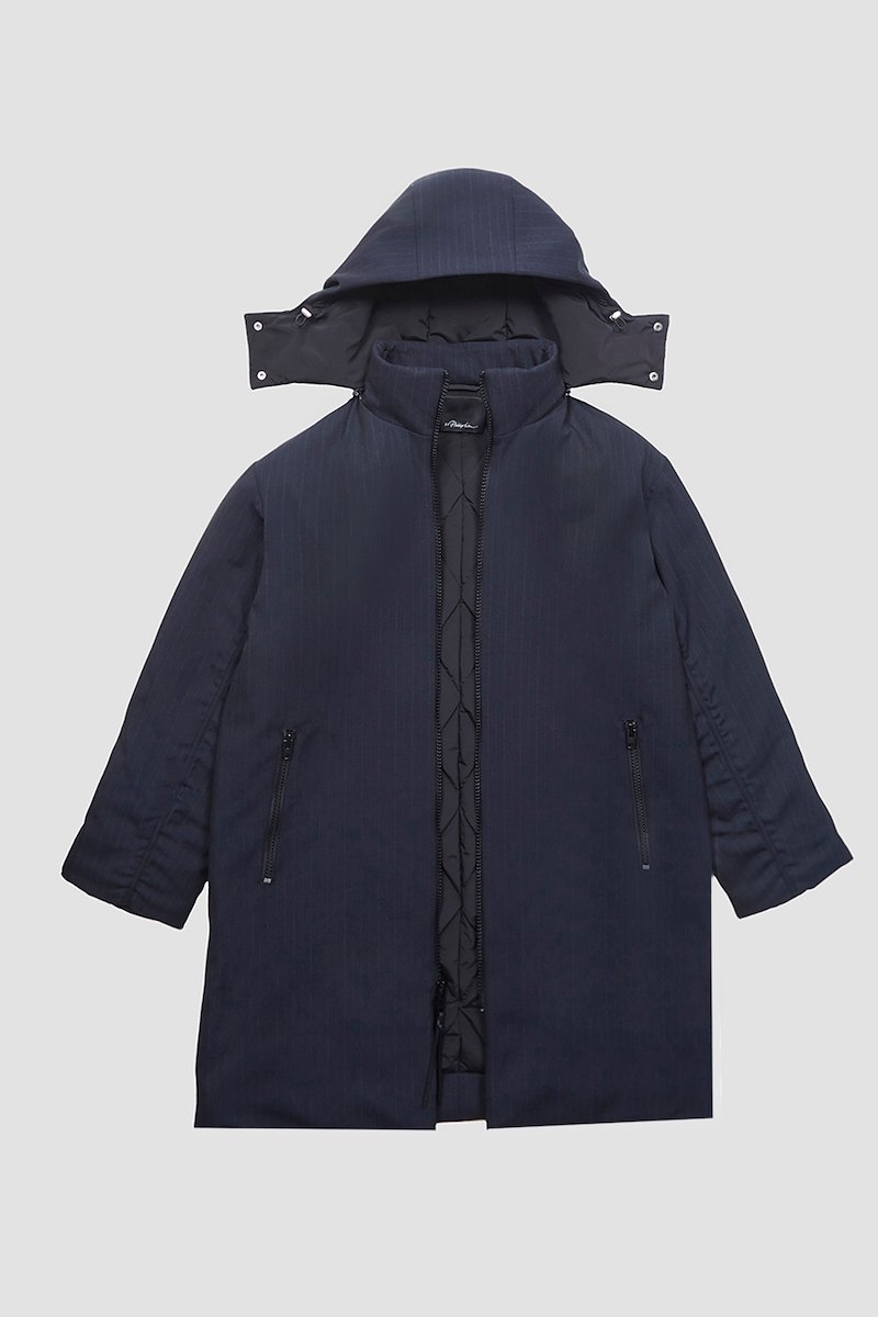 Puffer Parka-grey #0 Puffer Parka, padded parka jacket from 3.1 PHILLIP LIM featuring midnight blue, lightweight construction, padded design, pinstripe pattern, detachable hood, drawstring hood, front zip fastening, long sleeves, side zip-fastening pocket and mid-length.- 8