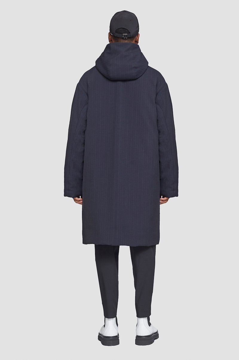 Puffer Parka-grey #1 Puffer Parka, padded parka jacket from 3.1 PHILLIP LIM featuring midnight blue, lightweight construction, padded design, pinstripe pattern, detachable hood, drawstring hood, front zip fastening, long sleeves, side zip-fastening pocket and mid-length.- 3