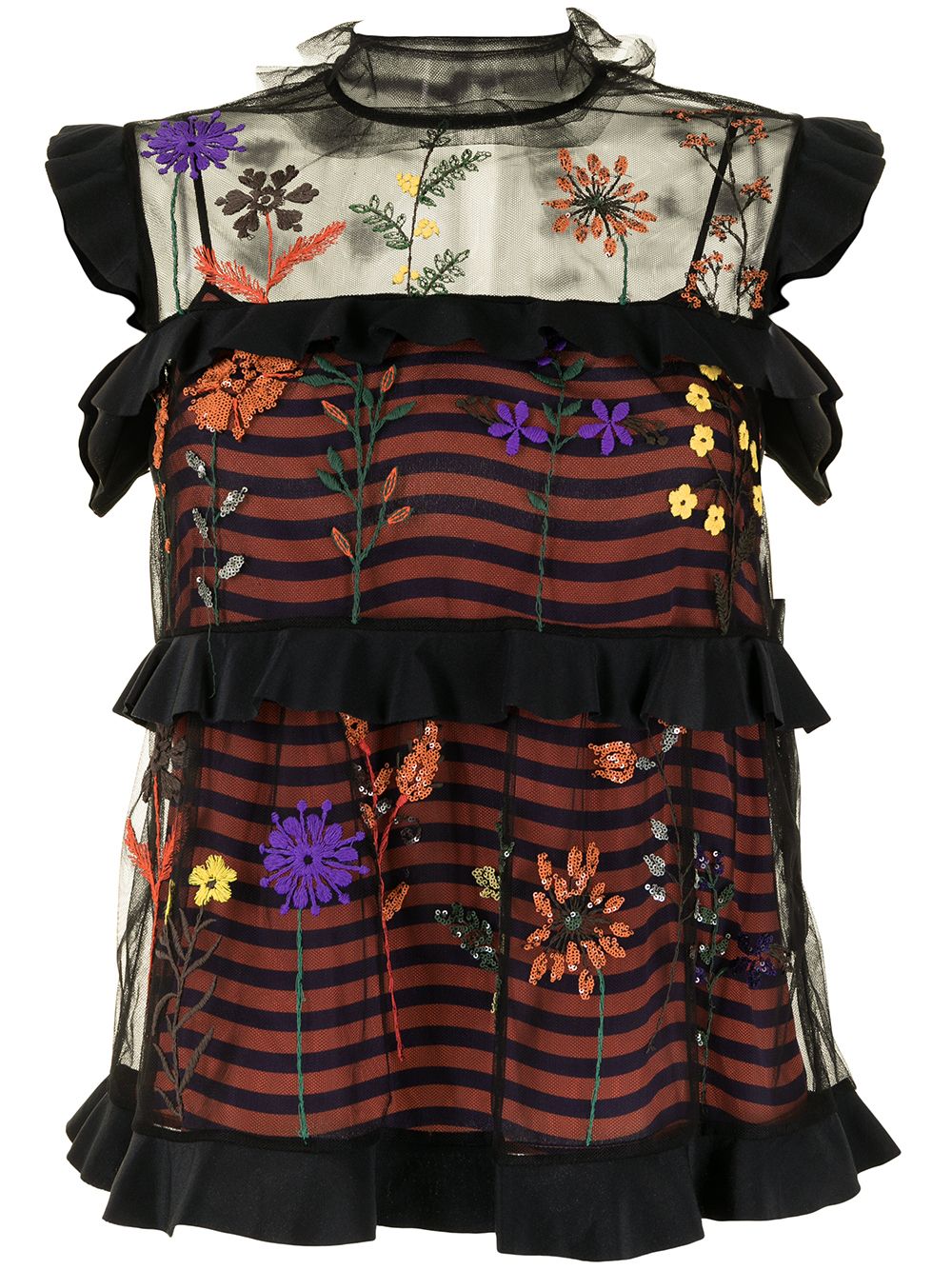 Pre-owned Fendi Floral-embroidered Sleeveless Sheer Blouse In Black