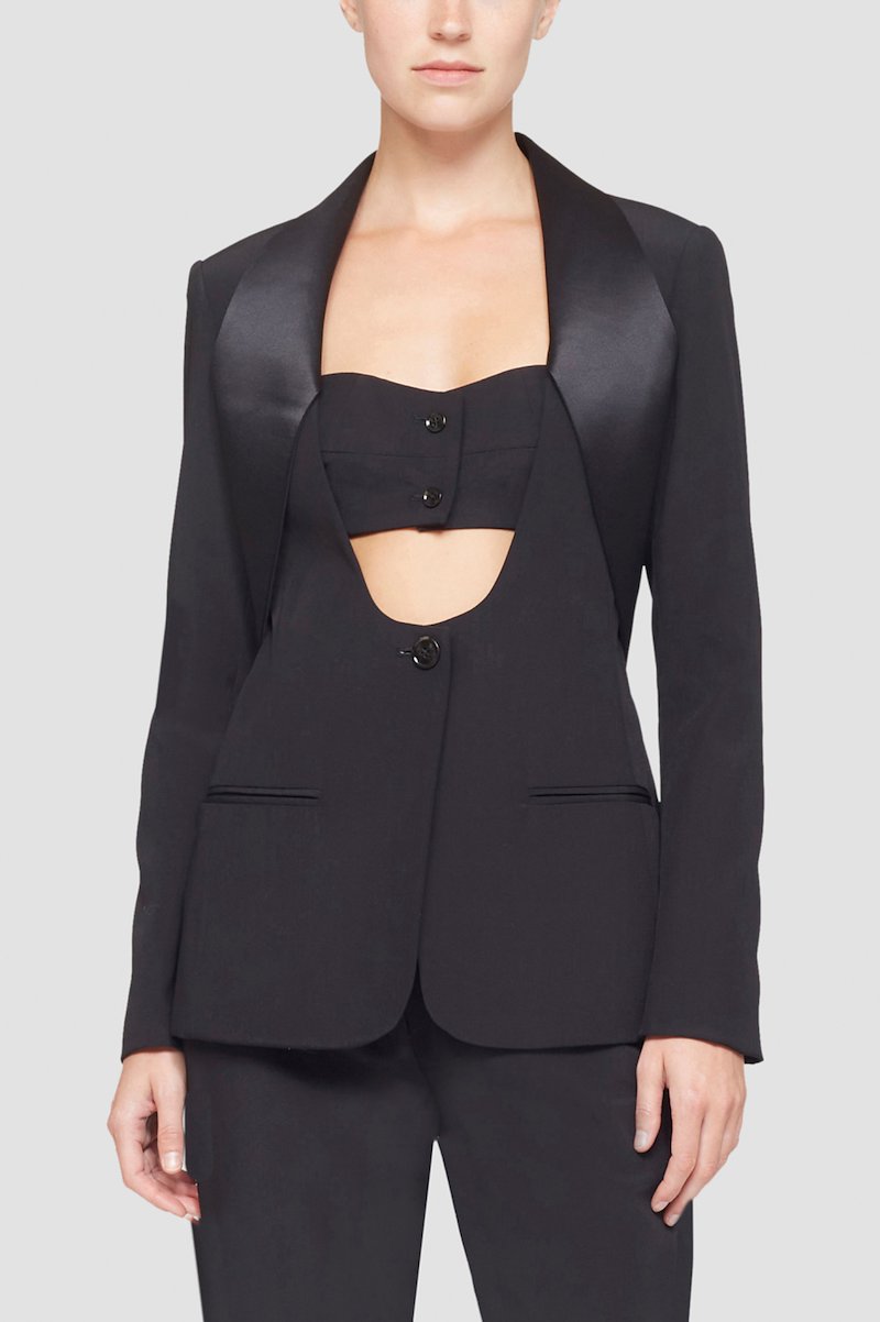 Tuxedo Bustier Blazer-black #1 Tuxedo Bustier Blazer, cut-out single-breasted blazer from 3.1 PHILLIP LIM featuring black, wool blend, cut-out detailing, bustier-style neckline, front button fastening, long sleeves, buttoned cuffs, two front welt pockets and central rear vent.- 1
