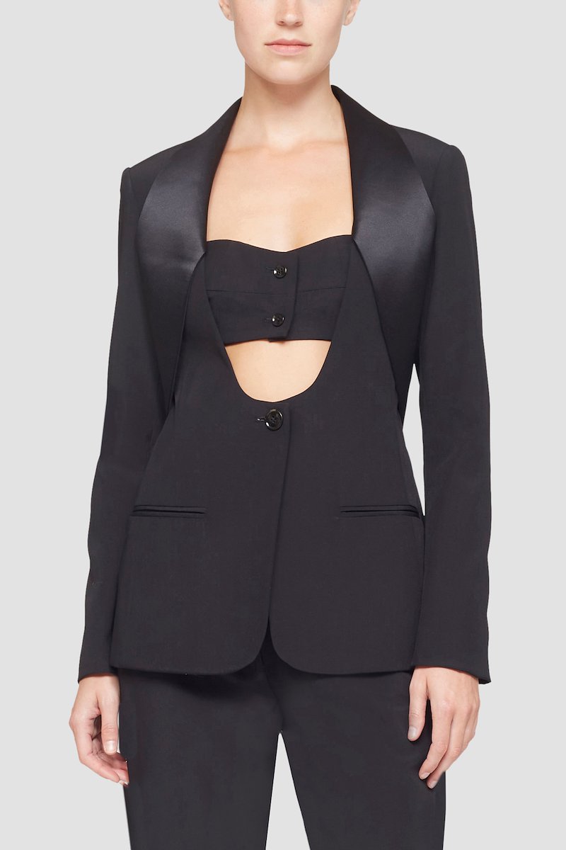 Tuxedo Bustier Blazer-black #1 Tuxedo Bustier Blazer, cut-out single-breasted blazer from 3.1 PHILLIP LIM featuring black, wool blend, cut-out detailing, bustier-style neckline, front button fastening, long sleeves, buttoned cuffs, two front welt pockets and central rear vent.- 3