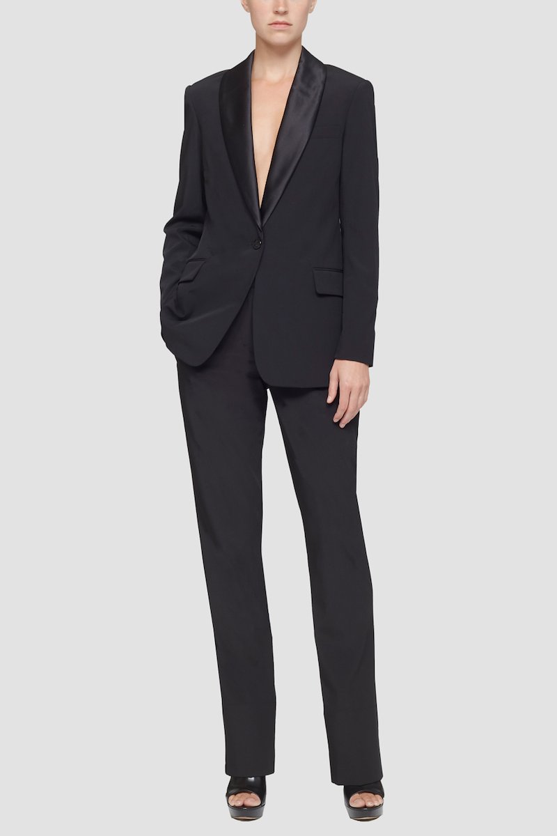 Shawl Lapel Blazer-black #0 Shawl Lapel Blazer, single-breasted tailored blazer from 3.1 PHILLIP LIM featuring black, wool blend, shawl lapels, front button fastening, long sleeves, buttoned cuffs, two front flap pockets and central rear vent.- 0