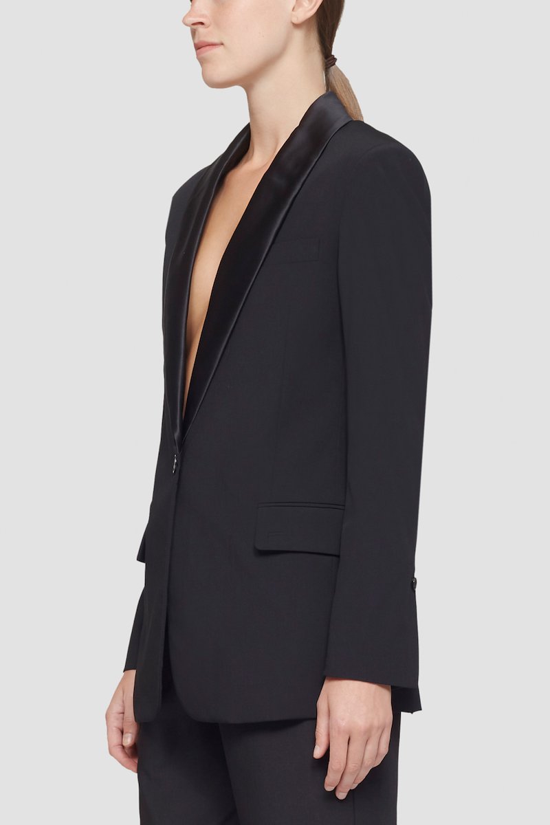 Shawl Lapel Blazer-black #0 Shawl Lapel Blazer, single-breasted tailored blazer from 3.1 PHILLIP LIM featuring black, wool blend, shawl lapels, front button fastening, long sleeves, buttoned cuffs, two front flap pockets and central rear vent.- 4