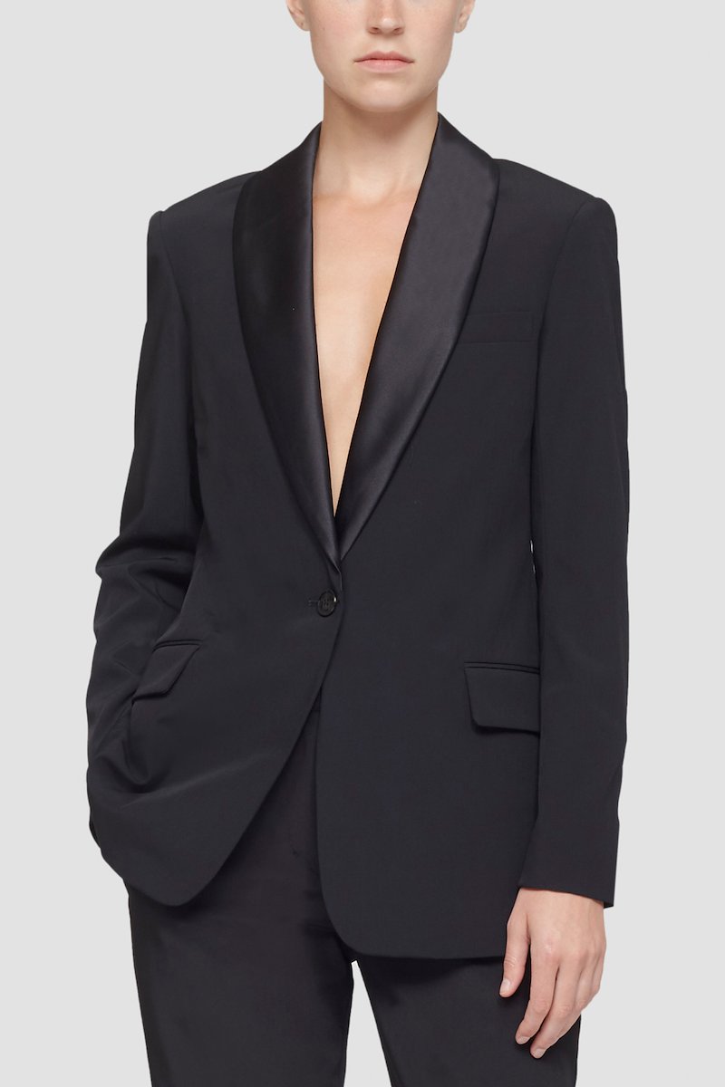 Shawl Lapel Blazer-black #1 Shawl Lapel Blazer, single-breasted tailored blazer from 3.1 PHILLIP LIM featuring black, wool blend, shawl lapels, front button fastening, long sleeves, buttoned cuffs, two front flap pockets and central rear vent.- 1