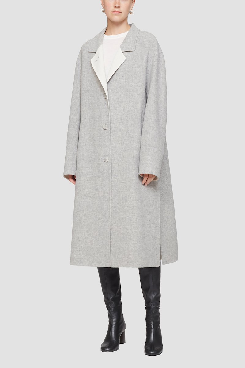 Single Breasted Wool Coat-grey #0 Single Breasted Wool Coat, reversible wool coat from 3.1 PHILLIP LIM featuring grey, wool blend, reversible, ribbed-knit edge, spread collar, long sleeves, front button fastening and side slits.- 2