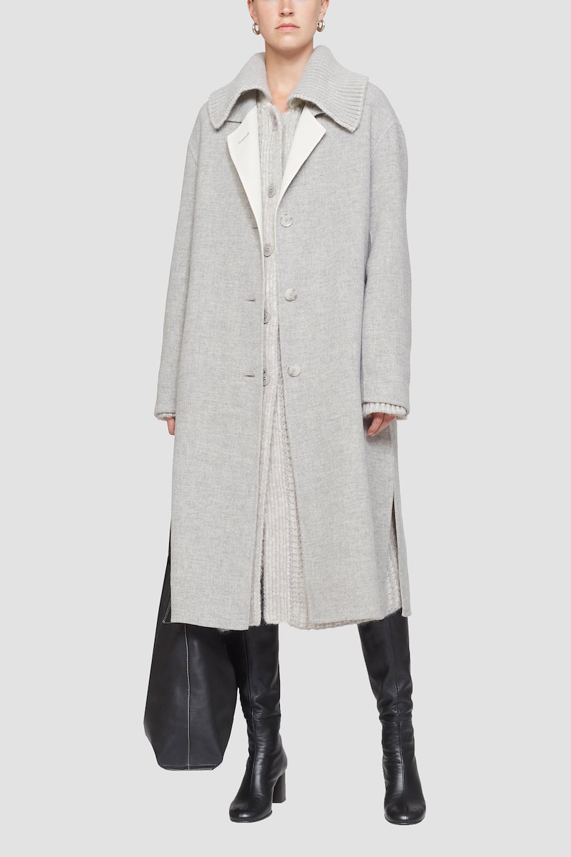 Single Breasted Wool Coat-grey #0 Single Breasted Wool Coat, reversible wool coat from 3.1 PHILLIP LIM featuring grey, wool blend, reversible, ribbed-knit edge, spread collar, long sleeves, front button fastening and side slits.- 6