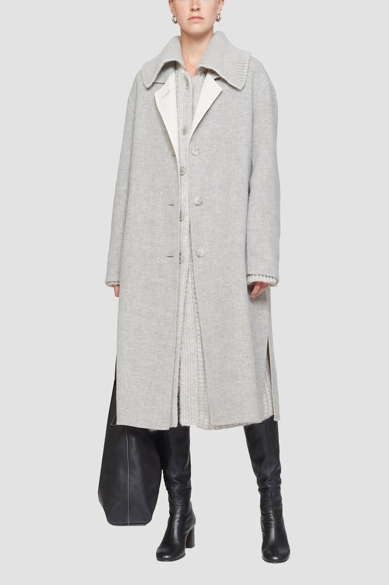 Single Breasted Wool Coat-grey #1 Single Breasted Wool Coat, reversible wool coat from 3.1 PHILLIP LIM featuring grey, wool blend, reversible, ribbed-knit edge, spread collar, long sleeves, front button fastening and side slits.- 3