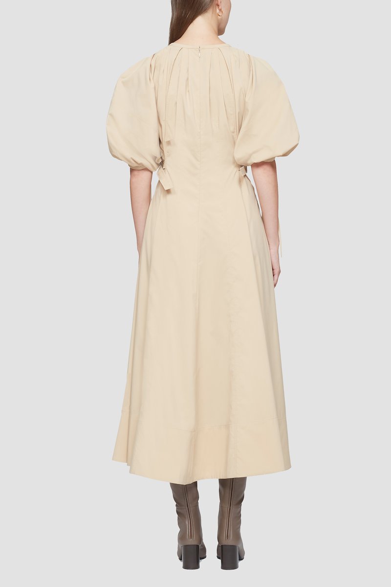 Puff Sleeve Flare Dress-neutrals #1 Puff Sleeve Flare Dress, soft beige round neck short puff sleeves gathered detailing flared mid-length high-low hem- 3