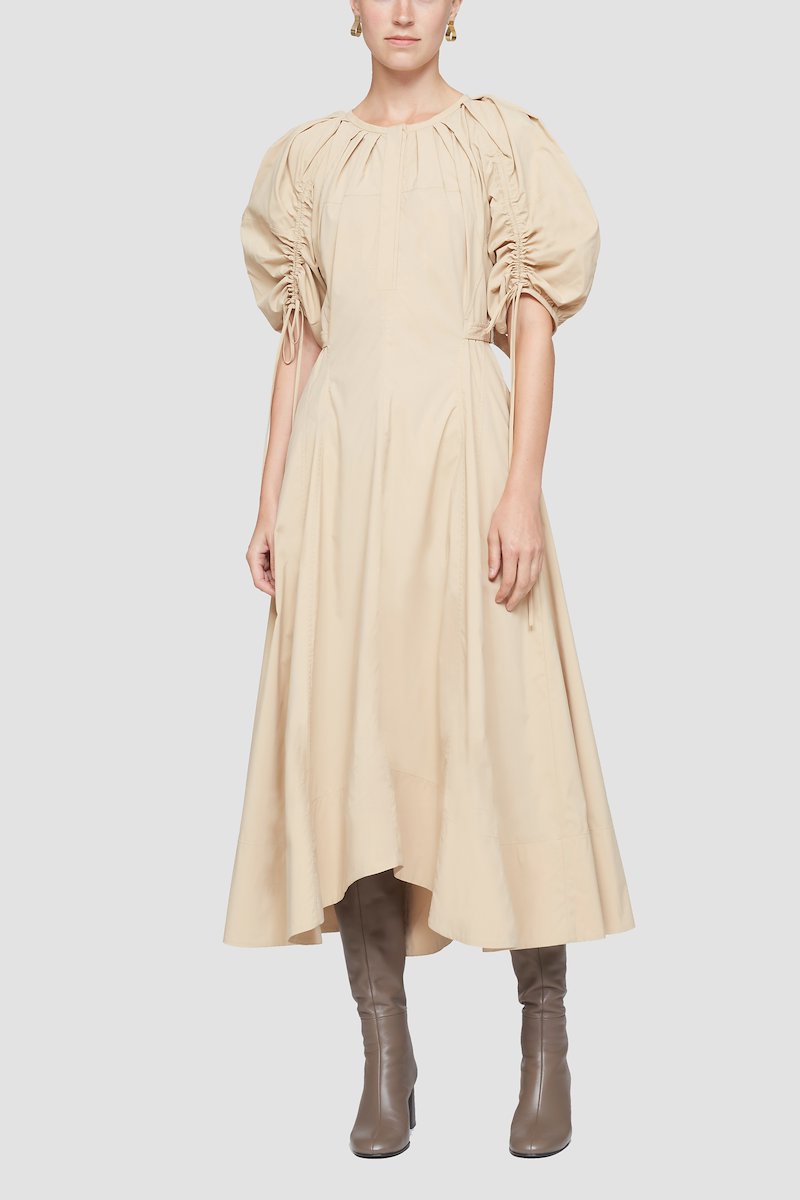 Puff Sleeve Flare Dress-neutrals #1 Puff Sleeve Flare Dress, soft beige round neck short puff sleeves gathered detailing flared mid-length high-low hem- 1