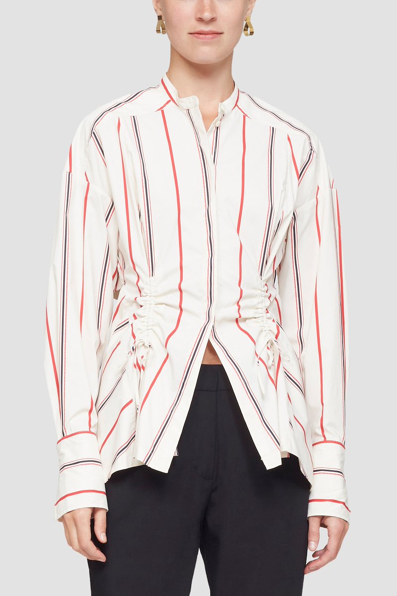 Ruched Tie Front Shirt with Open Back-neutrals #1 Ruched Tie Front Shirt with Open Back, open-back striped shirt from 3.1 PHILLIP LIM featuring white/black, red, vertical stripe pattern, gathered detailing, band collar, concealed front button fastening, long sleeves, backless and rear tie fastening.- 1