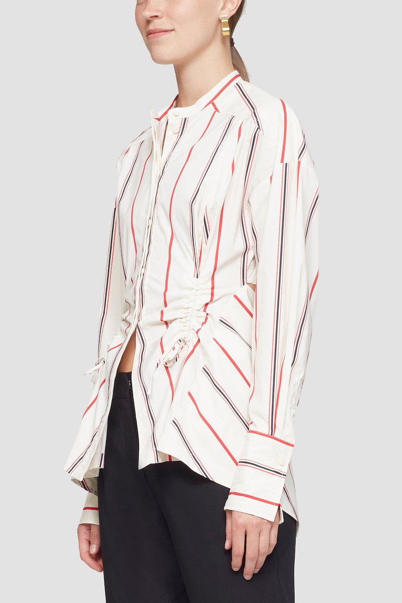 Ruched Tie Front Shirt with Open Back-neutrals #0 Ruched Tie Front Shirt with Open Back, open-back striped shirt from 3.1 PHILLIP LIM featuring white/black, red, vertical stripe pattern, gathered detailing, band collar, concealed front button fastening, long sleeves, backless and rear tie fastening.- 2