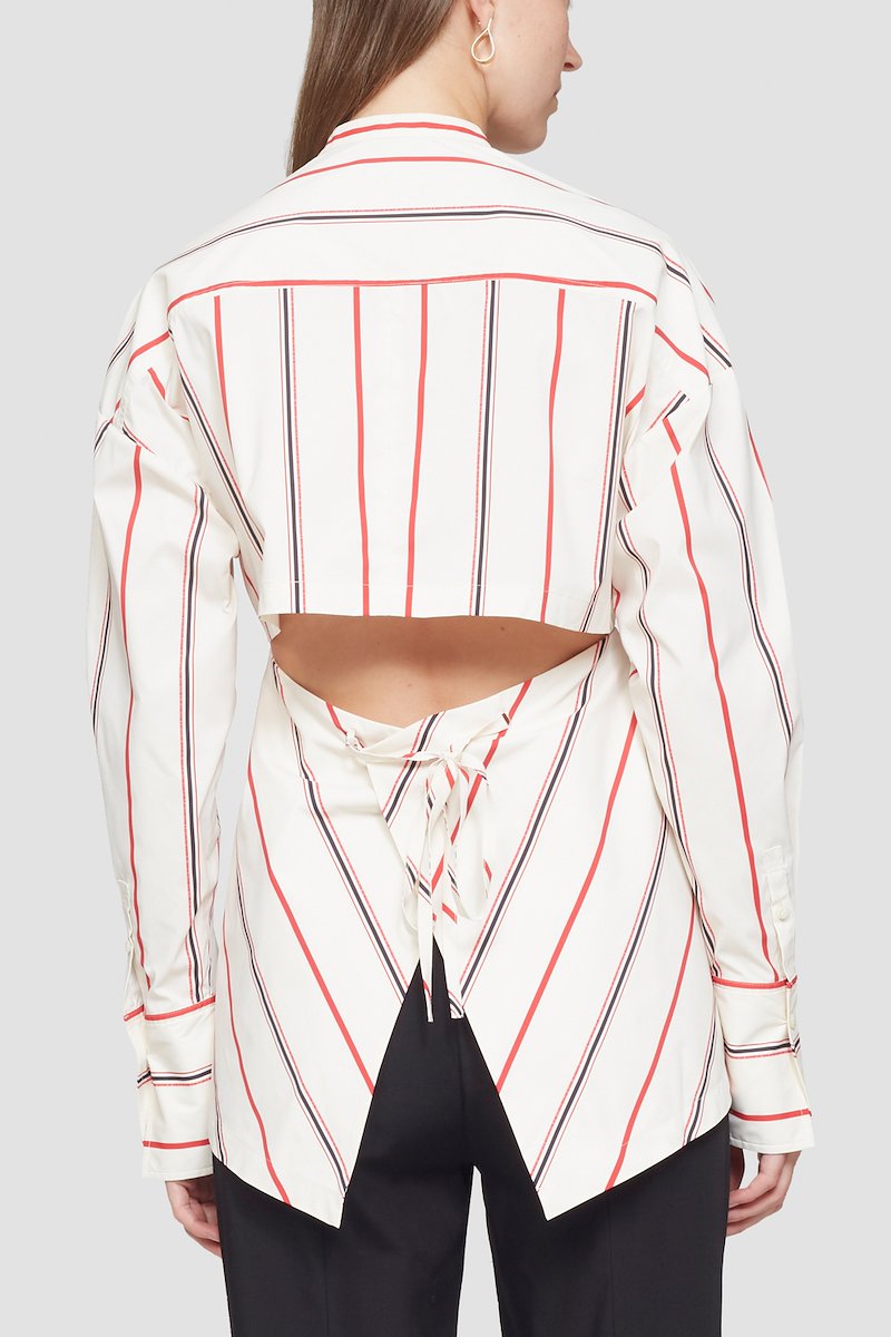 Ruched Tie Front Shirt with Open Back-neutrals #1 Ruched Tie Front Shirt with Open Back, open-back striped shirt from 3.1 PHILLIP LIM featuring white/black, red, vertical stripe pattern, gathered detailing, band collar, concealed front button fastening, long sleeves, backless and rear tie fastening.- 3