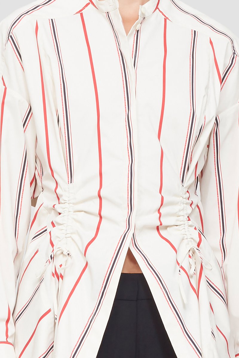 Ruched Tie Front Shirt with Open Back-neutrals #0 Ruched Tie Front Shirt with Open Back, open-back striped shirt from 3.1 PHILLIP LIM featuring white/black, red, vertical stripe pattern, gathered detailing, band collar, concealed front button fastening, long sleeves, backless and rear tie fastening.- 4