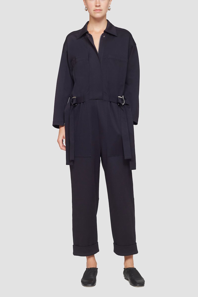 Knit Twill Utility Jumpsuit-blue #1 Knit Twill Utility Jumpsuit, midnight blue classic collar two chest welt pockets cuff zips waist tabs cropped- 1