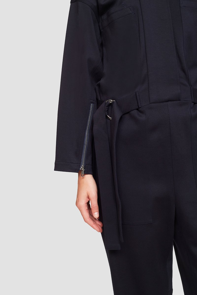 Knit Twill Utility Jumpsuit-blue #1 Knit Twill Utility Jumpsuit, midnight blue classic collar two chest welt pockets cuff zips waist tabs cropped- 5