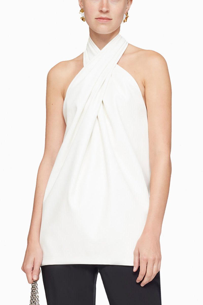 Leather Alternative Cross Front Halter Top-white #0 Leather Alternative Cross Front Halter Top, cross-front halterneck top from 3.1 PHILLIP LIM featuring ivory white, crossover neck, halterneck, sleeveless and straight hem.- 0