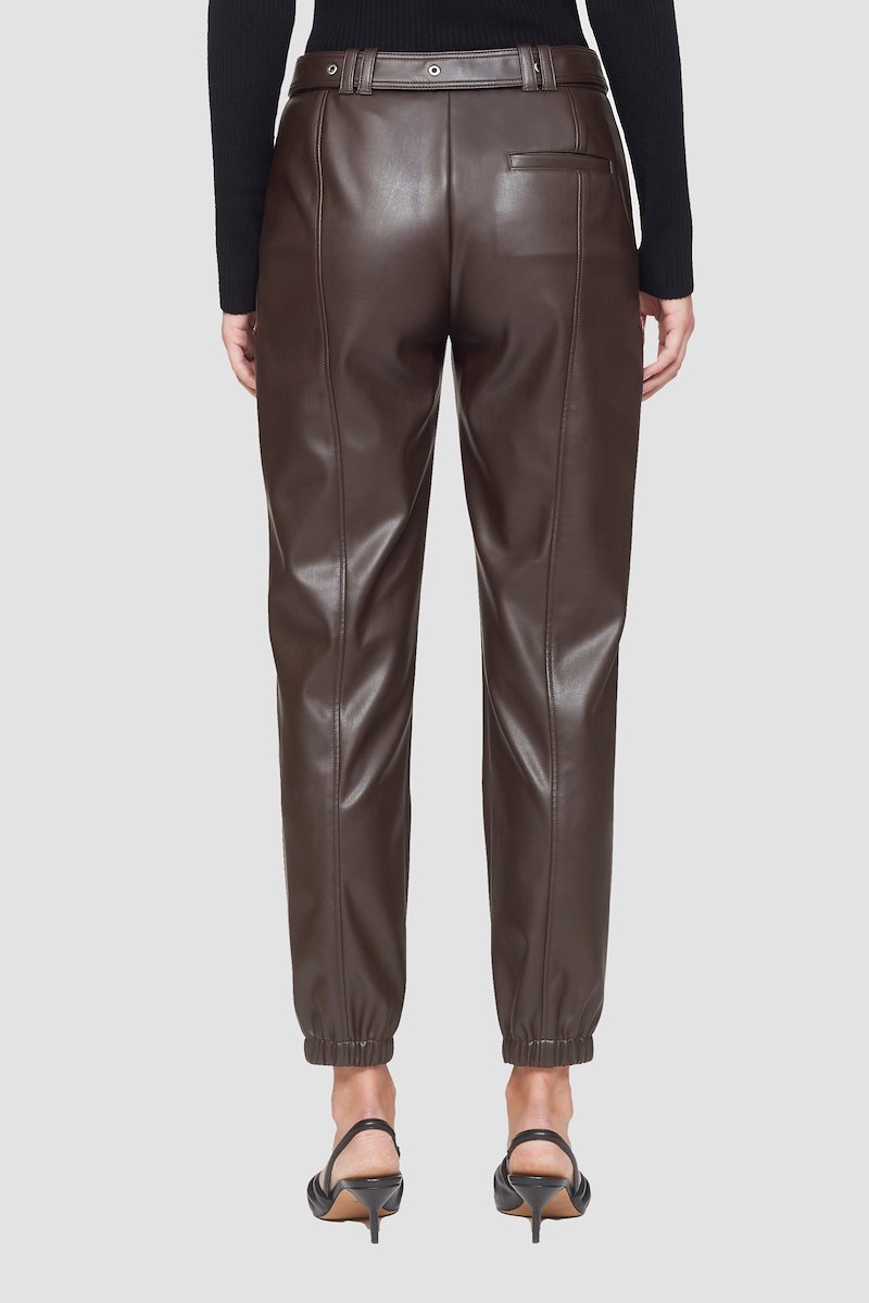 Leather Alternative Belted Jogger-brown #1 Leather Alternative Belted Jogger, faux leather cropped trousers from 3.1 PHILLIP LIM featuring auburn brown, front button fastening, belt loops, two diagonal pockets to the sides and cropped leg.- 3