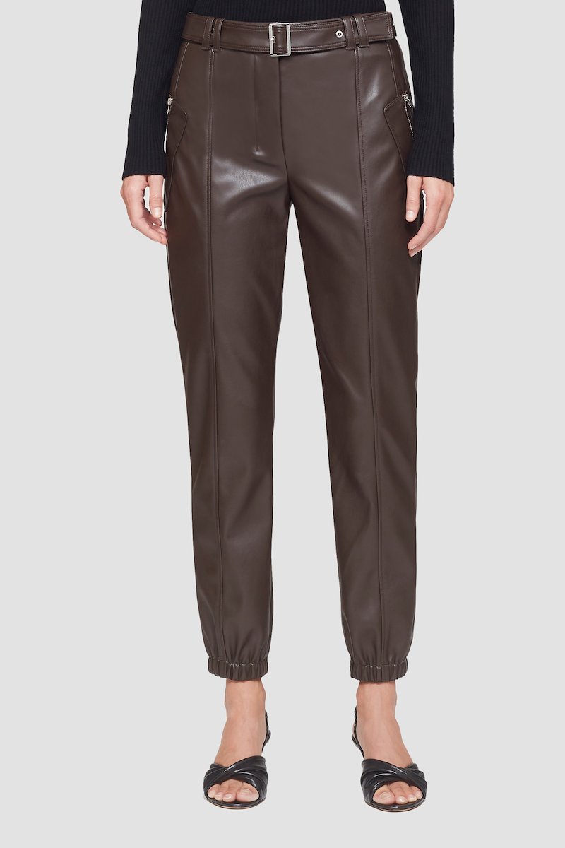 Leather Alternative Belted Jogger-brown #1 Leather Alternative Belted Jogger, faux leather cropped trousers from 3.1 PHILLIP LIM featuring auburn brown, front button fastening, belt loops, two diagonal pockets to the sides and cropped leg.- 1