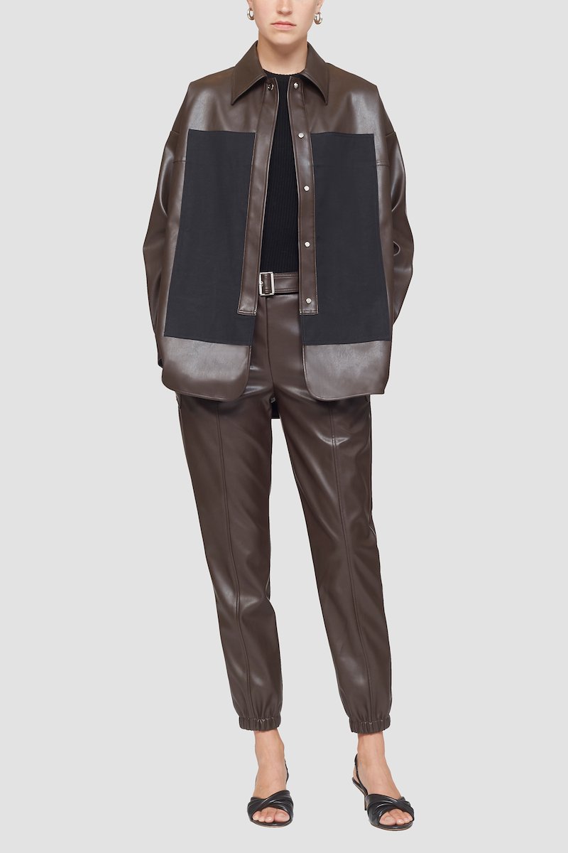 Leather Alternative Belted Jogger-brown #0 Leather Alternative Belted Jogger, faux leather cropped trousers from 3.1 PHILLIP LIM featuring auburn brown, front button fastening, belt loops, two diagonal pockets to the sides and cropped leg.- 6