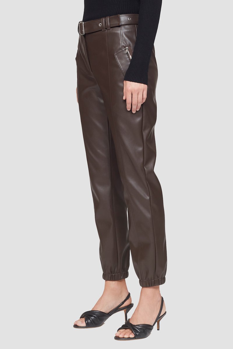 Leather Alternative Belted Jogger-brown #1 Leather Alternative Belted Jogger, faux leather cropped trousers from 3.1 PHILLIP LIM featuring auburn brown, front button fastening, belt loops, two diagonal pockets to the sides and cropped leg.- 9