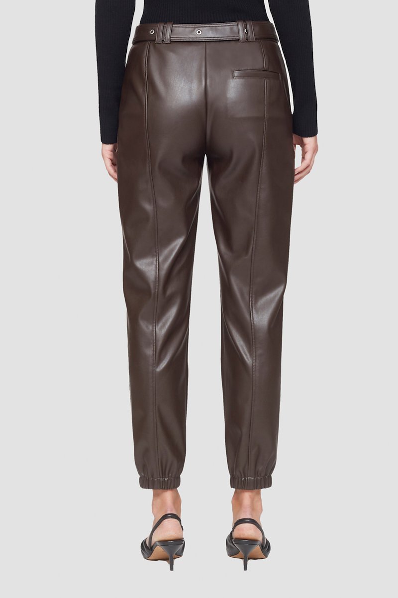 Leather Alternative Belted Jogger-brown #0 Leather Alternative Belted Jogger, faux leather cropped trousers from 3.1 PHILLIP LIM featuring auburn brown, front button fastening, belt loops, two diagonal pockets to the sides and cropped leg.- 10