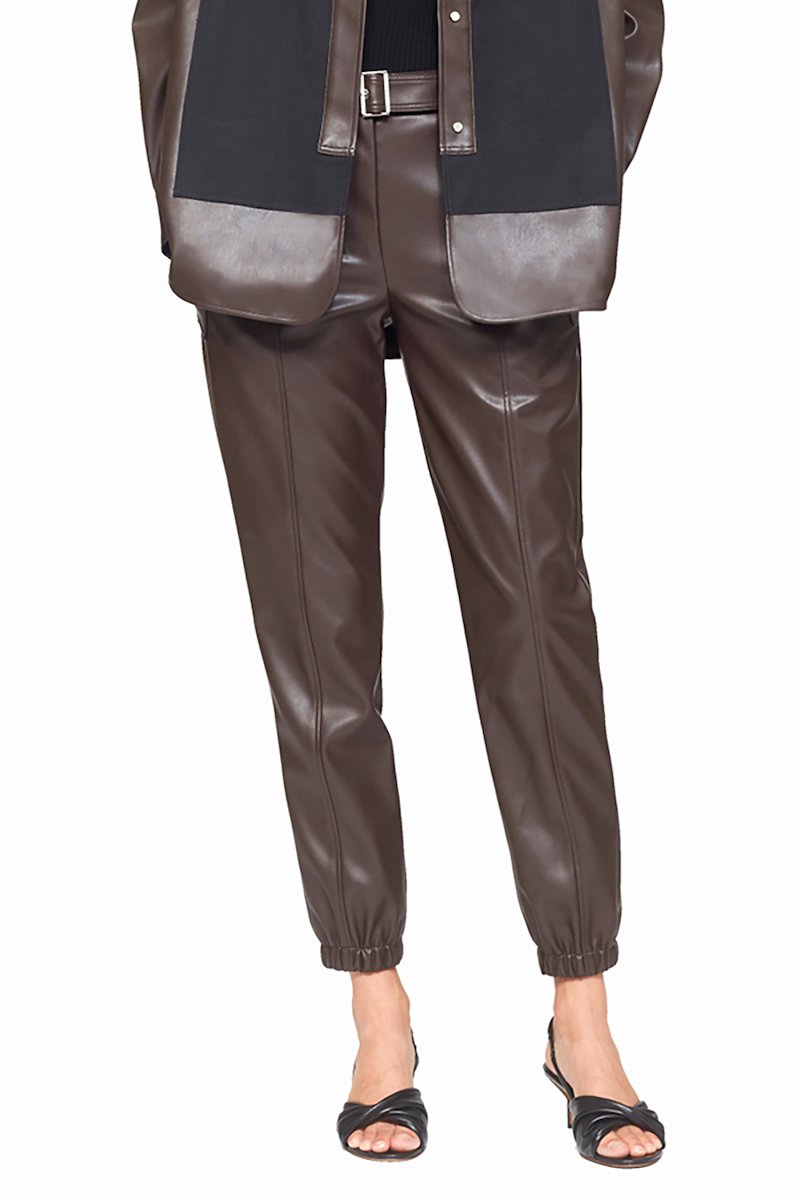 Leather Alternative Belted Jogger-brown #1 Leather Alternative Belted Jogger, faux leather cropped trousers from 3.1 PHILLIP LIM featuring auburn brown, front button fastening, belt loops, two diagonal pockets to the sides and cropped leg.- 1
