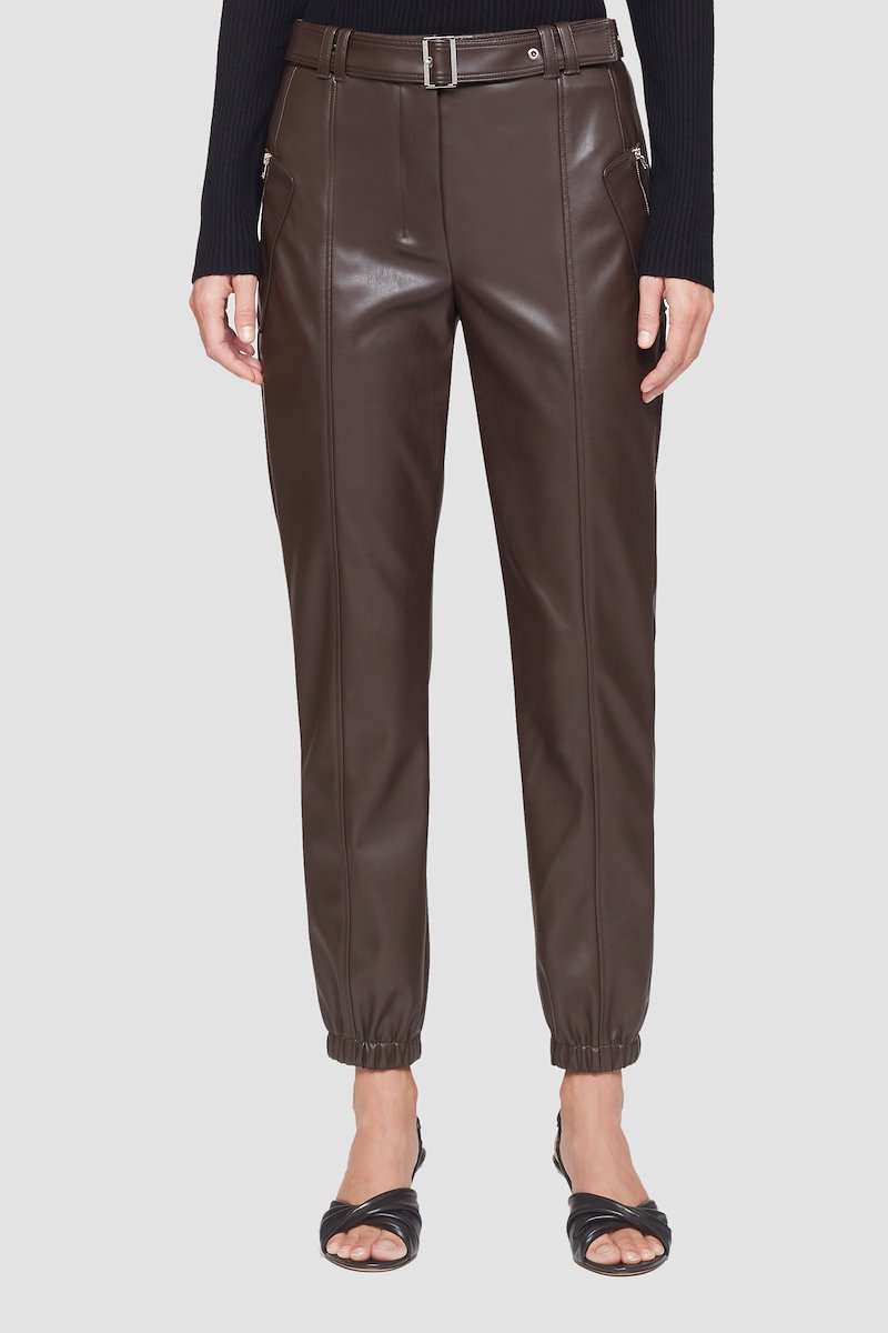 Leather Alternative Belted Jogger-brown #1 Leather Alternative Belted Jogger, faux leather cropped trousers from 3.1 PHILLIP LIM featuring auburn brown, front button fastening, belt loops, two diagonal pockets to the sides and cropped leg.- 7