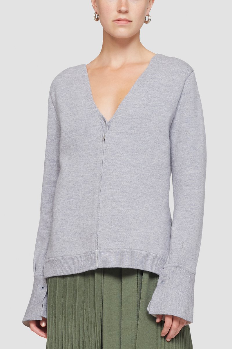 Double Face Wool Zip-Front Cardigan-grey #1 Double Face Wool Zip-Front Cardigan, heather grey wool blend mélange effect V-neck front zip fastening- 3