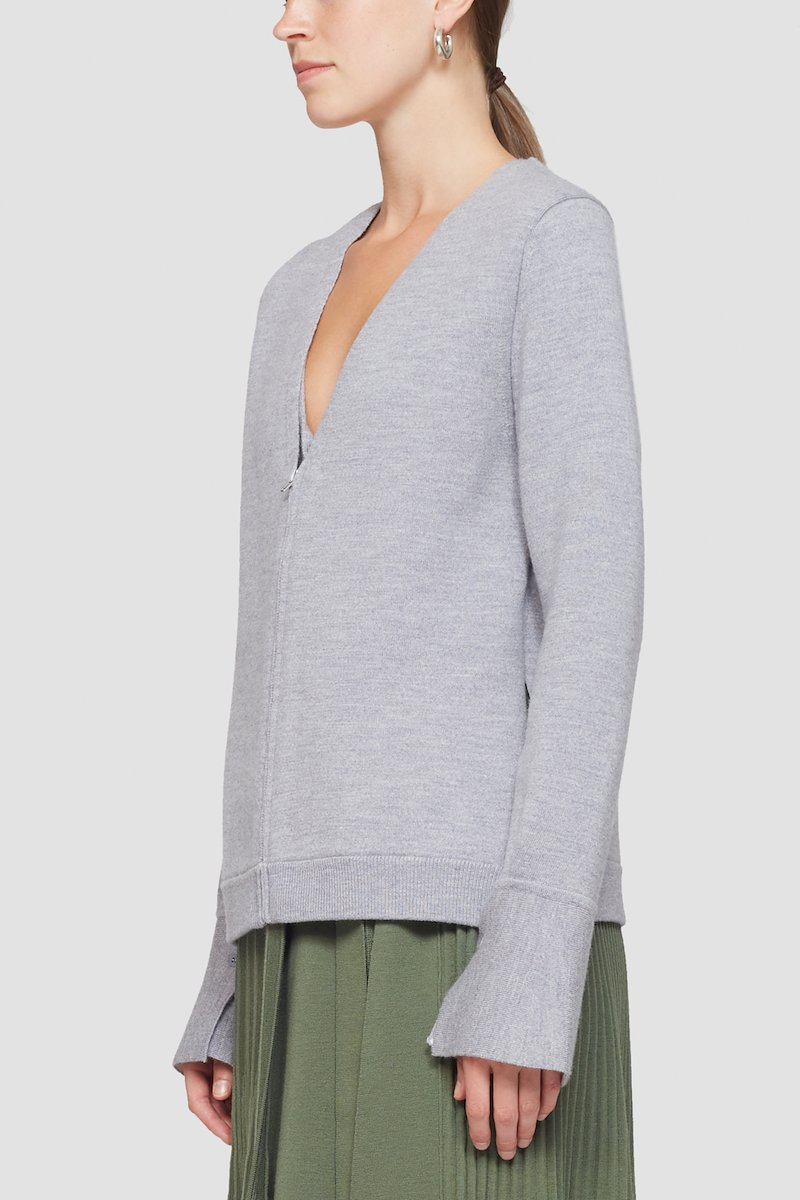 Double Face Wool Zip-Front Cardigan-grey #1 Double Face Wool Zip-Front Cardigan, heather grey wool blend mélange effect V-neck front zip fastening- 5