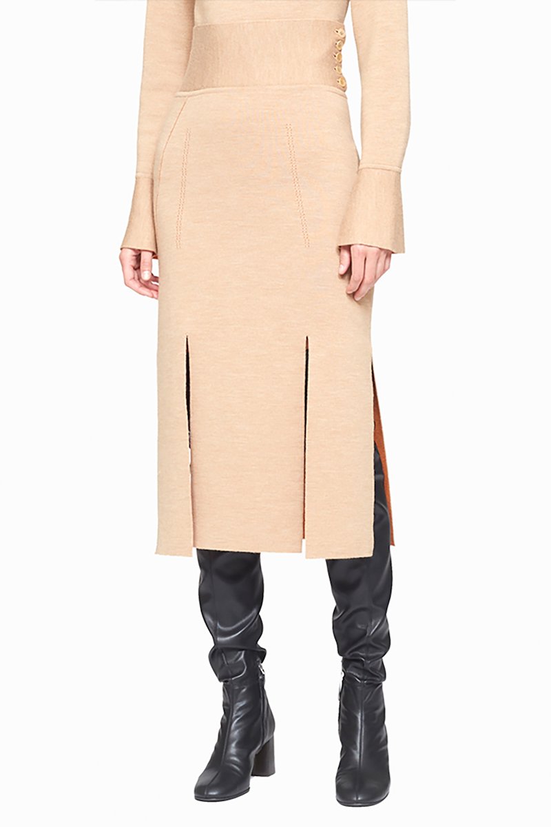 Double Face Wool Car Wash Skirt-neutrals #0 Double Face Wool Car Wash Skirt, double-face merino wool skirt from 3.1 PHILLIP LIM featuring light beige, merino wool, A-line, high waist, elasticated waistband, front slit and mid-length.- 0