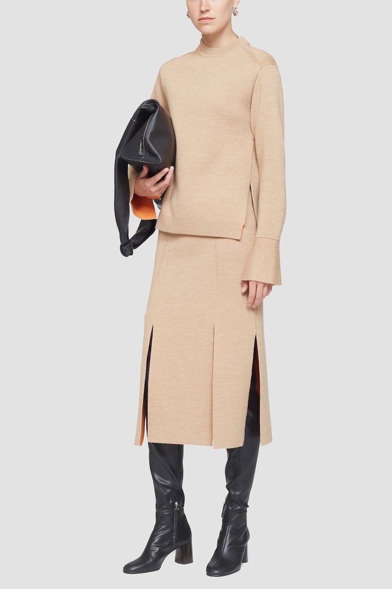 Double Face Wool Car Wash Skirt-neutrals #0 Double Face Wool Car Wash Skirt, double-face merino wool skirt from 3.1 PHILLIP LIM featuring light beige, merino wool, A-line, high waist, elasticated waistband, front slit and mid-length.- 2