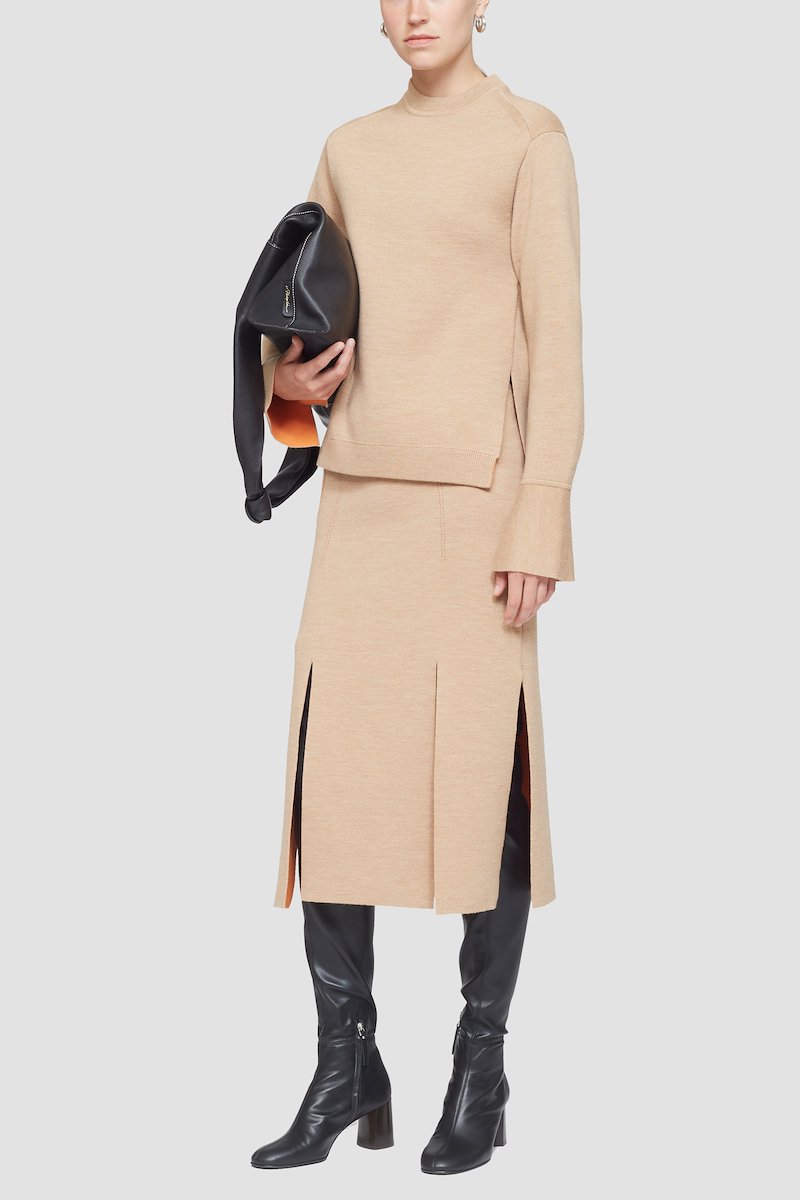 Double Face Wool Car Wash Skirt-neutrals #1 Double Face Wool Car Wash Skirt, double-face merino wool skirt from 3.1 PHILLIP LIM featuring light beige, merino wool, A-line, high waist, elasticated waistband, front slit and mid-length.- 3