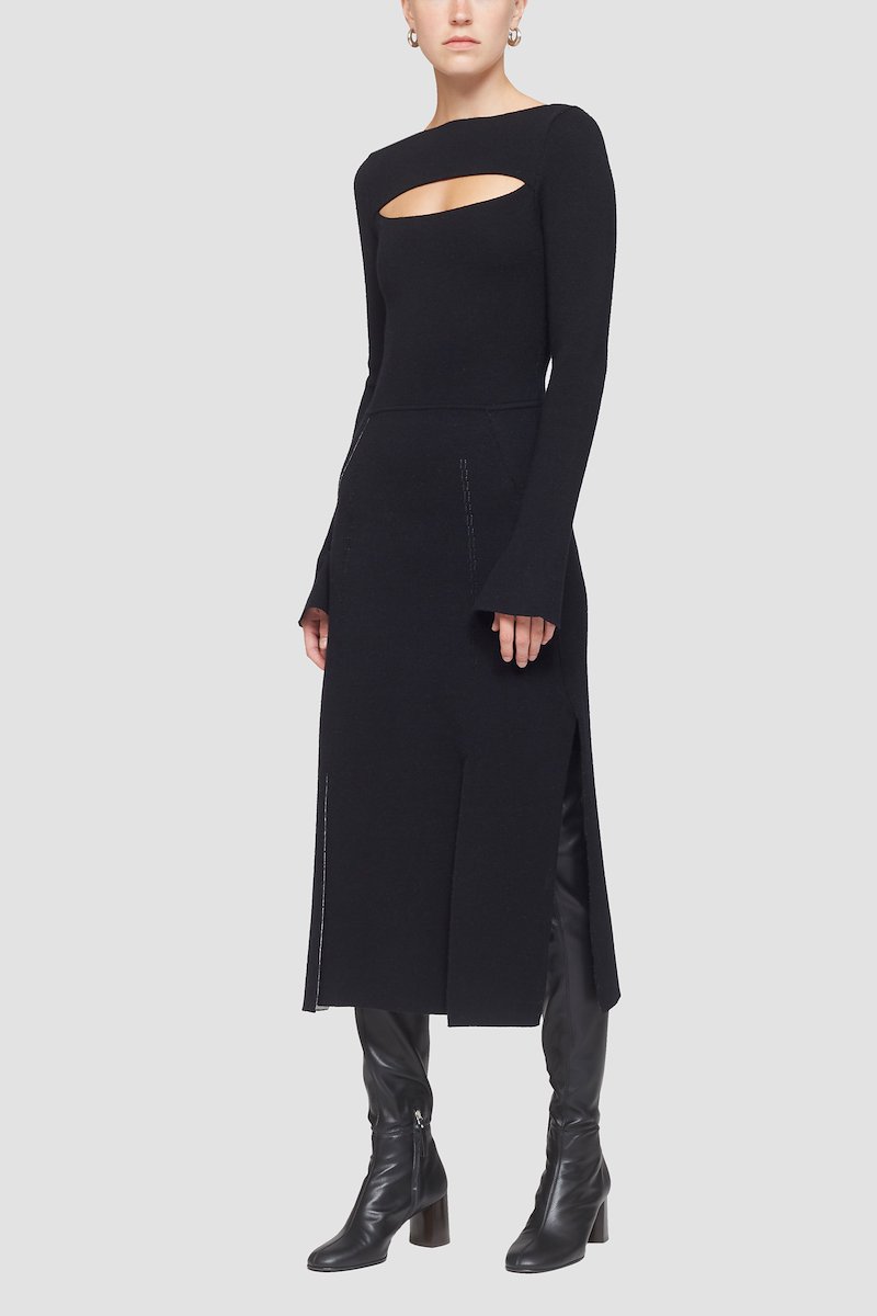Double Face Wool Carwash Dress-black #0 Double Face Wool Carwash Dress, cut-out midi merino dress from 3.1 PHILLIP LIM featuring black, merino wool, cut-out detailing, round neck, long sleeves, A-line skirt and below-knee length.- 2