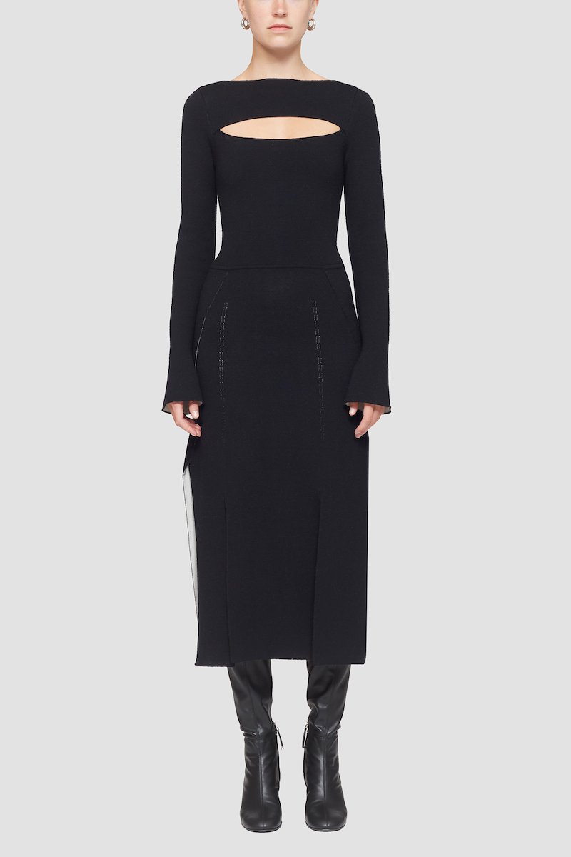 Double Face Wool Carwash Dress-black #1 Double Face Wool Carwash Dress, cut-out midi merino dress from 3.1 PHILLIP LIM featuring black, merino wool, cut-out detailing, round neck, long sleeves, A-line skirt and below-knee length.- 3