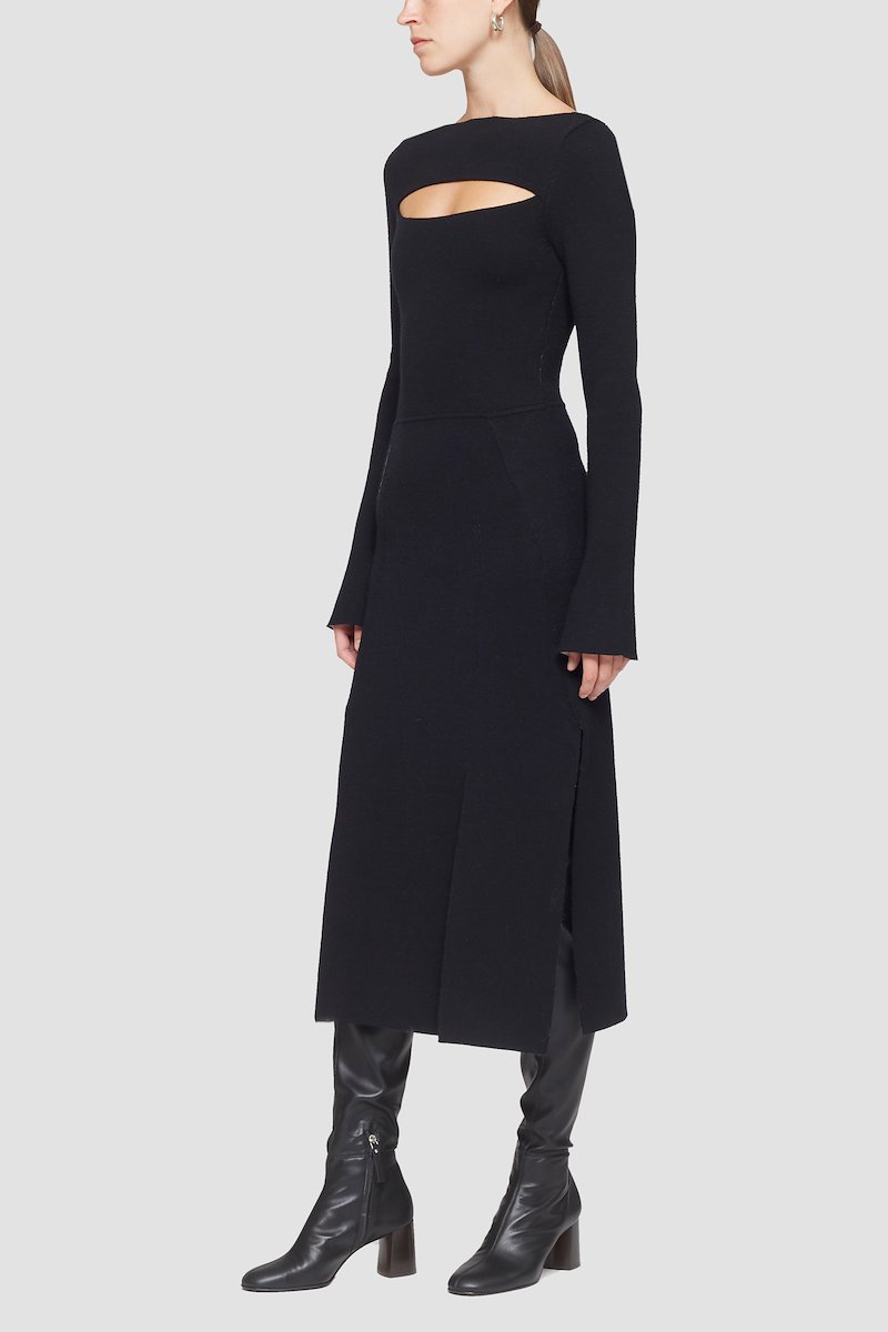 Double Face Wool Carwash Dress-black #0 Double Face Wool Carwash Dress, cut-out midi merino dress from 3.1 PHILLIP LIM featuring black, merino wool, cut-out detailing, round neck, long sleeves, A-line skirt and below-knee length.- 4