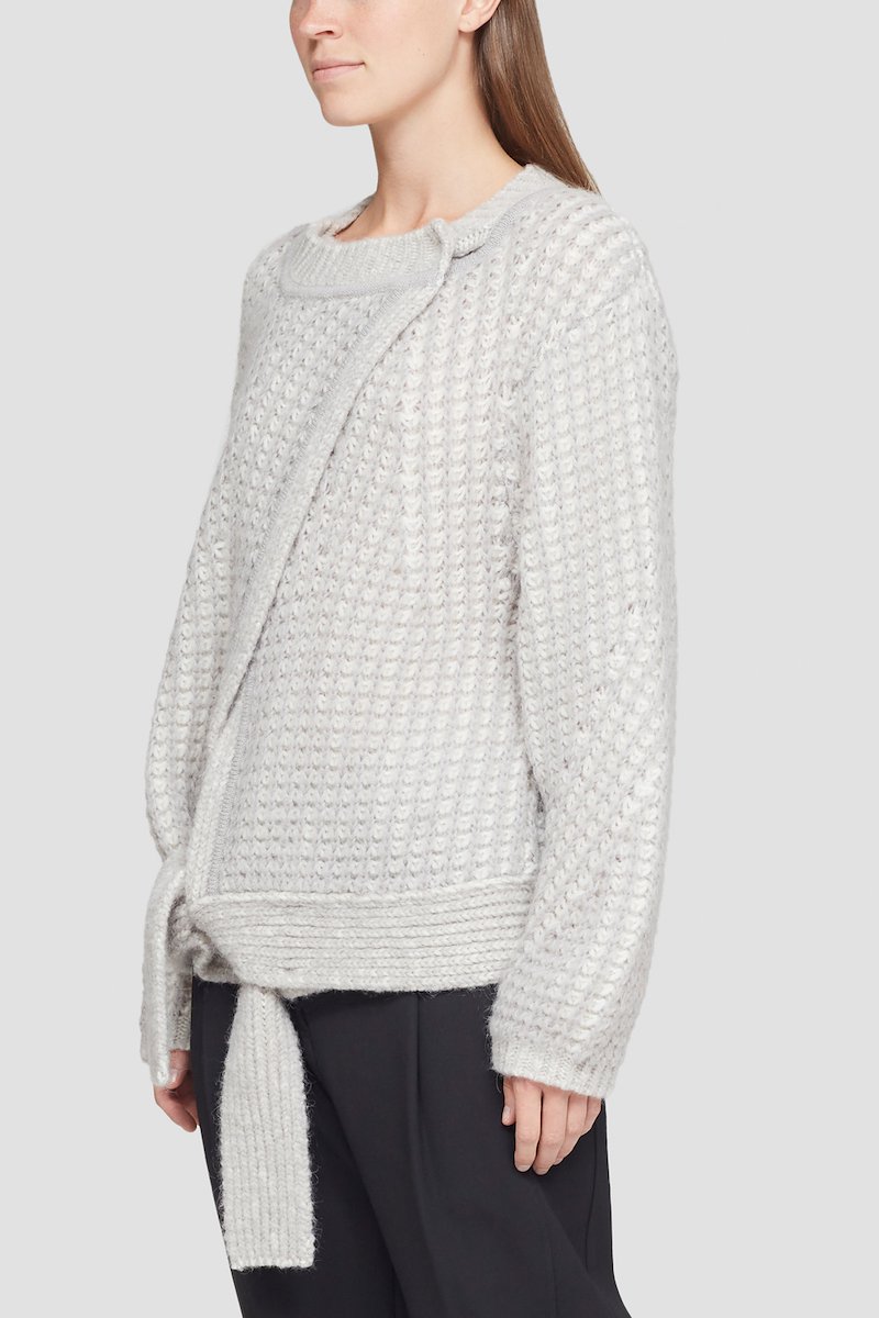 Wrap Effect Crewneck Sweater-grey #0 Wrap Effect Crewneck Sweater, grey/ivory white wool-alpaca wool blend knitted construction wrap design front tie fastening stand-up collar long sleeves- 2