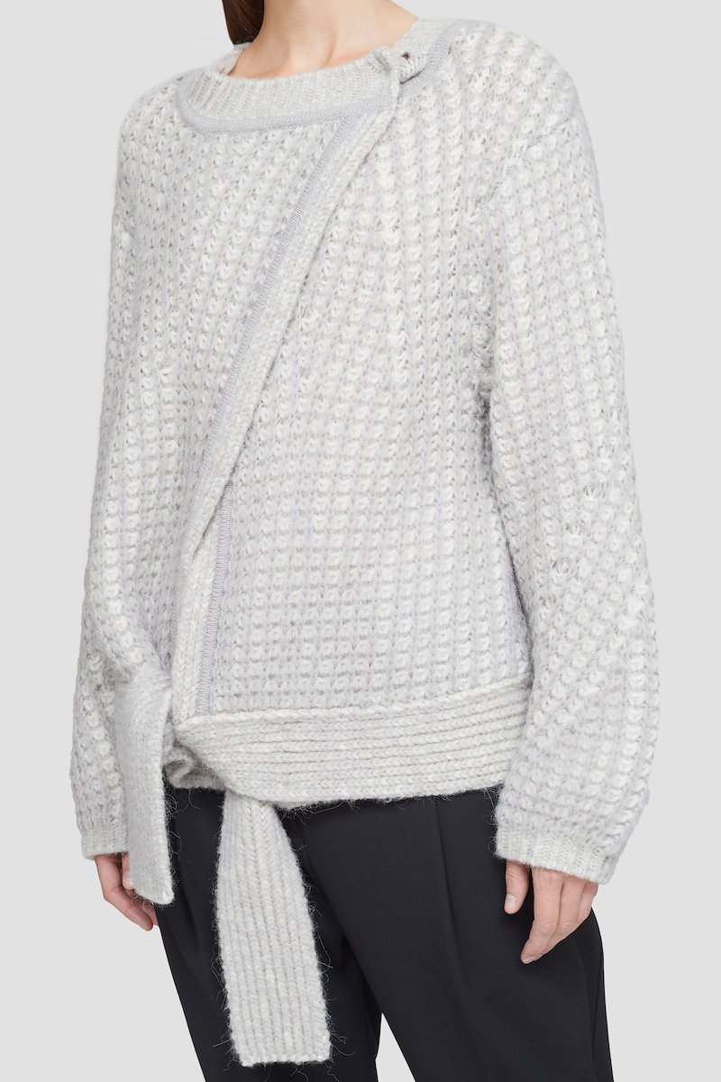Wrap Effect Crewneck Sweater-grey #0 Wrap Effect Crewneck Sweater, grey/ivory white wool-alpaca wool blend knitted construction wrap design front tie fastening stand-up collar long sleeves- 4