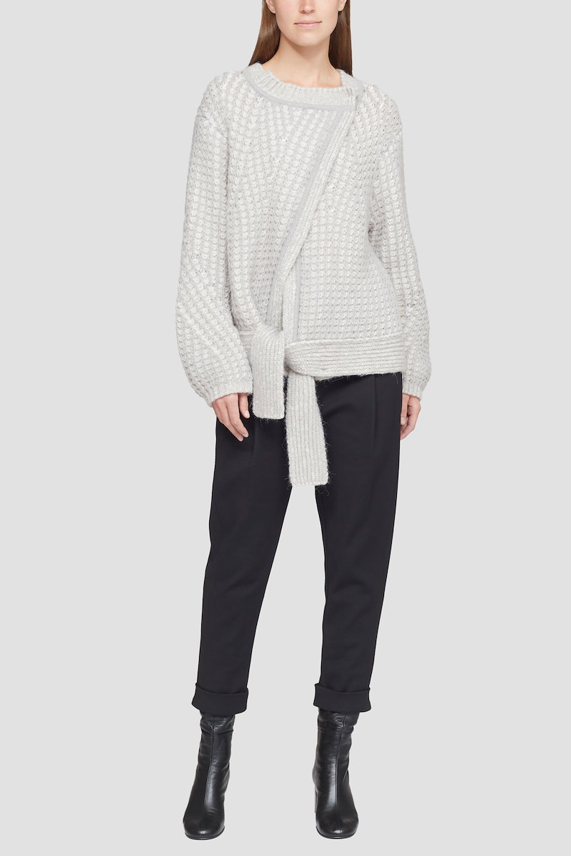 Wrap Effect Crewneck Sweater-grey #0 Wrap Effect Crewneck Sweater, grey/ivory white wool-alpaca wool blend knitted construction wrap design front tie fastening stand-up collar long sleeves- 0