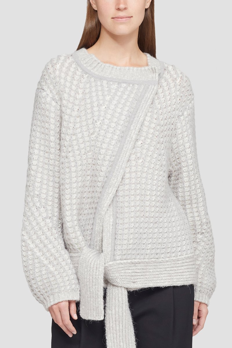Wrap Effect Crewneck Sweater-grey #1 Wrap Effect Crewneck Sweater, grey/ivory white wool-alpaca wool blend knitted construction wrap design front tie fastening stand-up collar long sleeves- 1