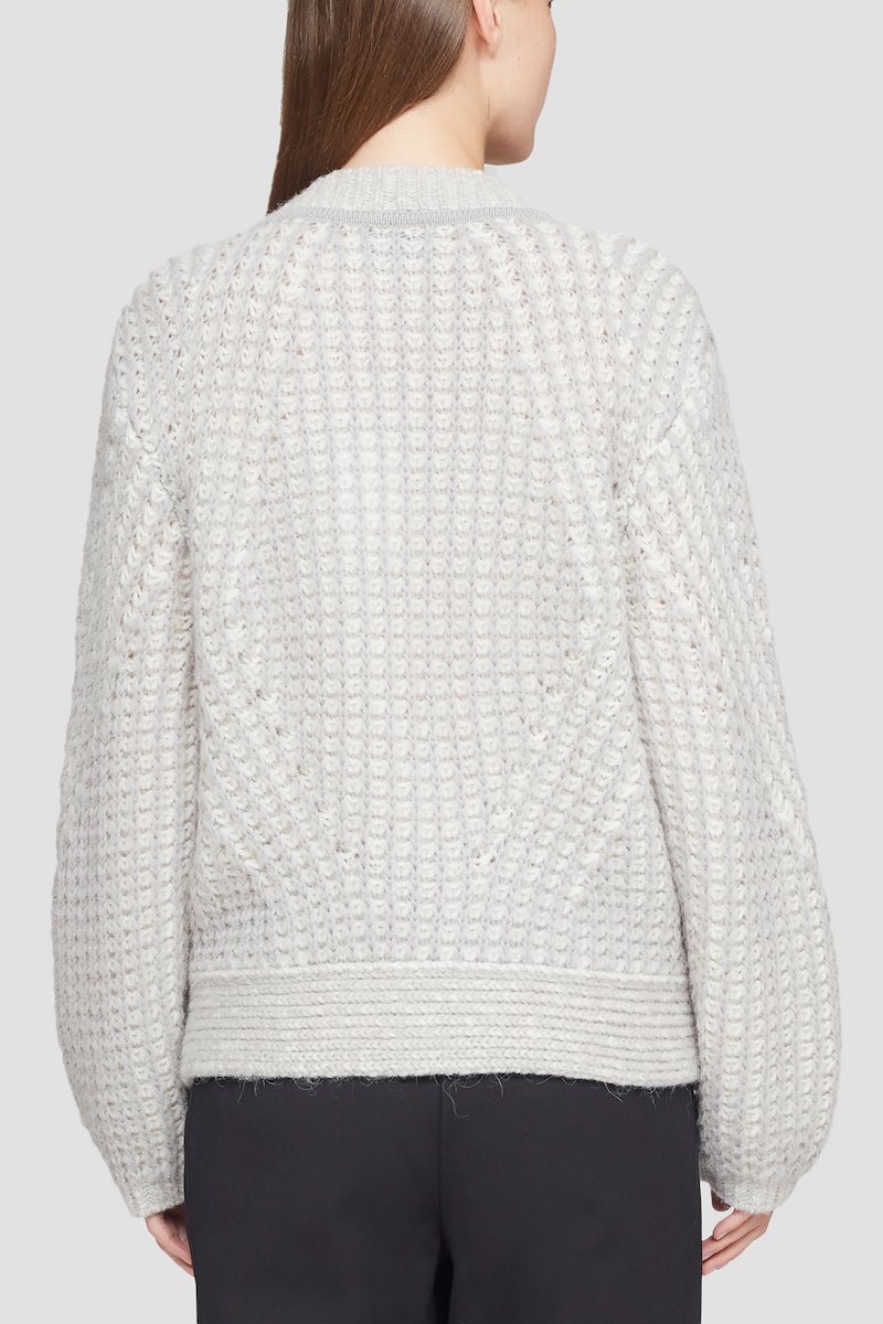 Wrap Effect Crewneck Sweater-grey #1 Wrap Effect Crewneck Sweater, grey/ivory white wool-alpaca wool blend knitted construction wrap design front tie fastening stand-up collar long sleeves- 3
