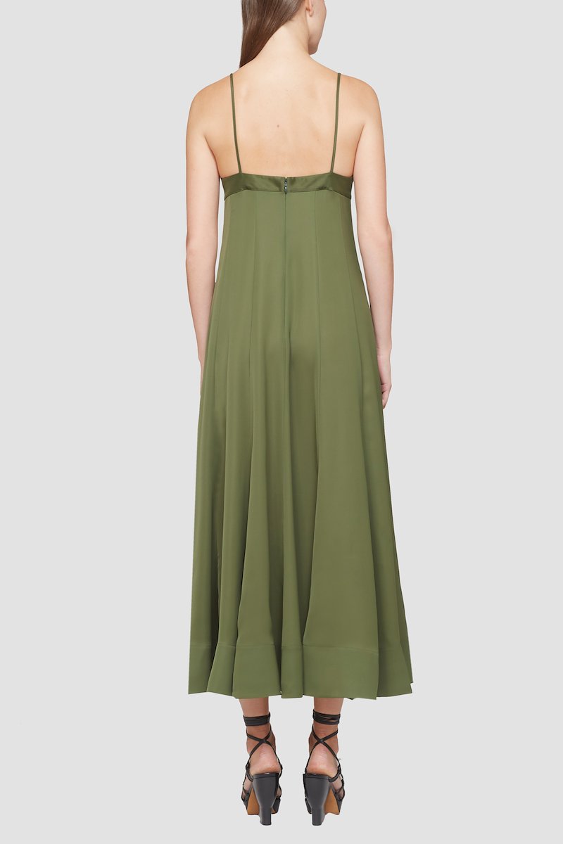 Bustier Gown-green #1 Bustier Gown, dark green spaghetti straps sweetheart neck crystal embellishment rear zip fastening flared design mid-length- 3