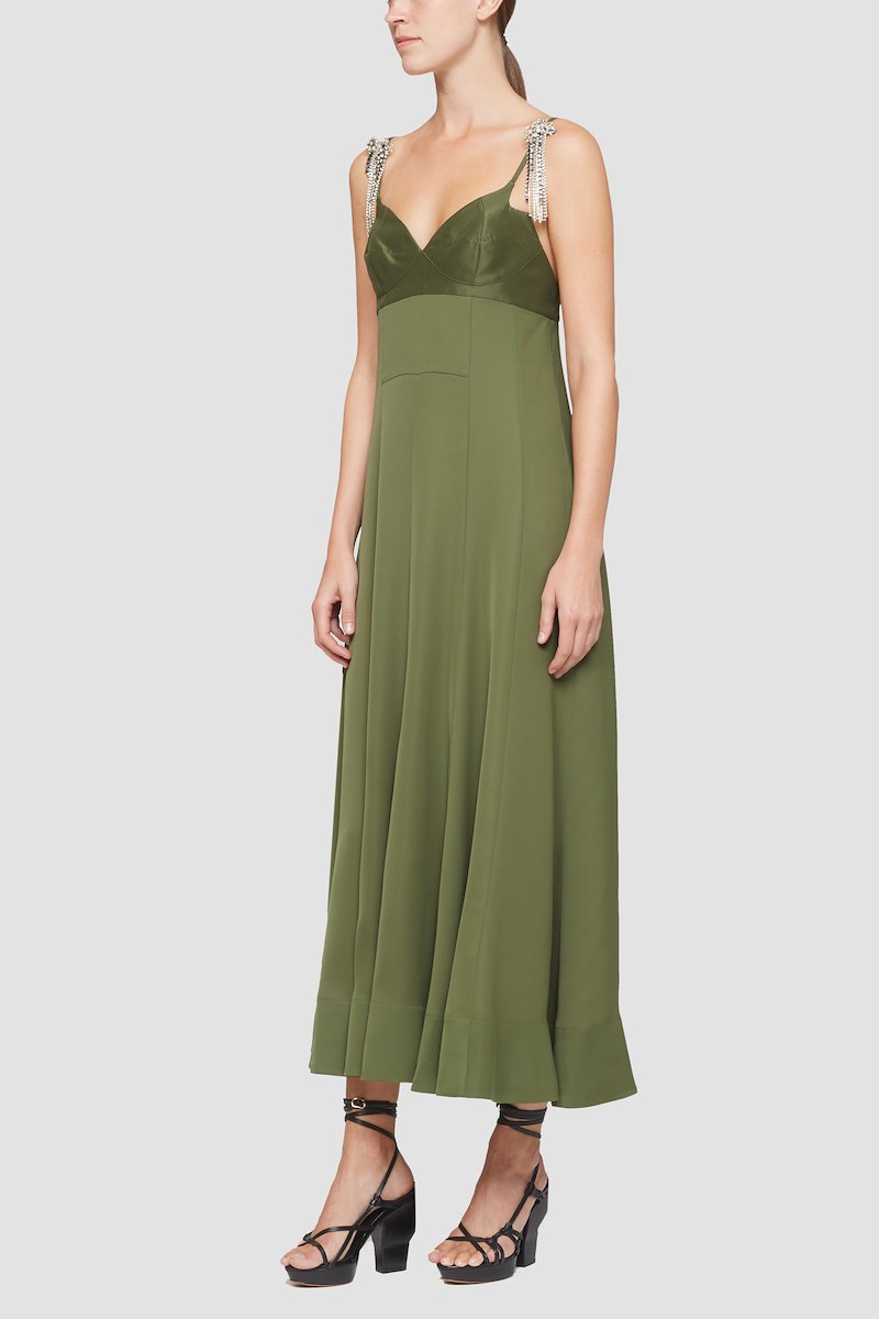 Bustier Gown-green #0 Bustier Gown, dark green spaghetti straps sweetheart neck crystal embellishment rear zip fastening flared design mid-length- 2