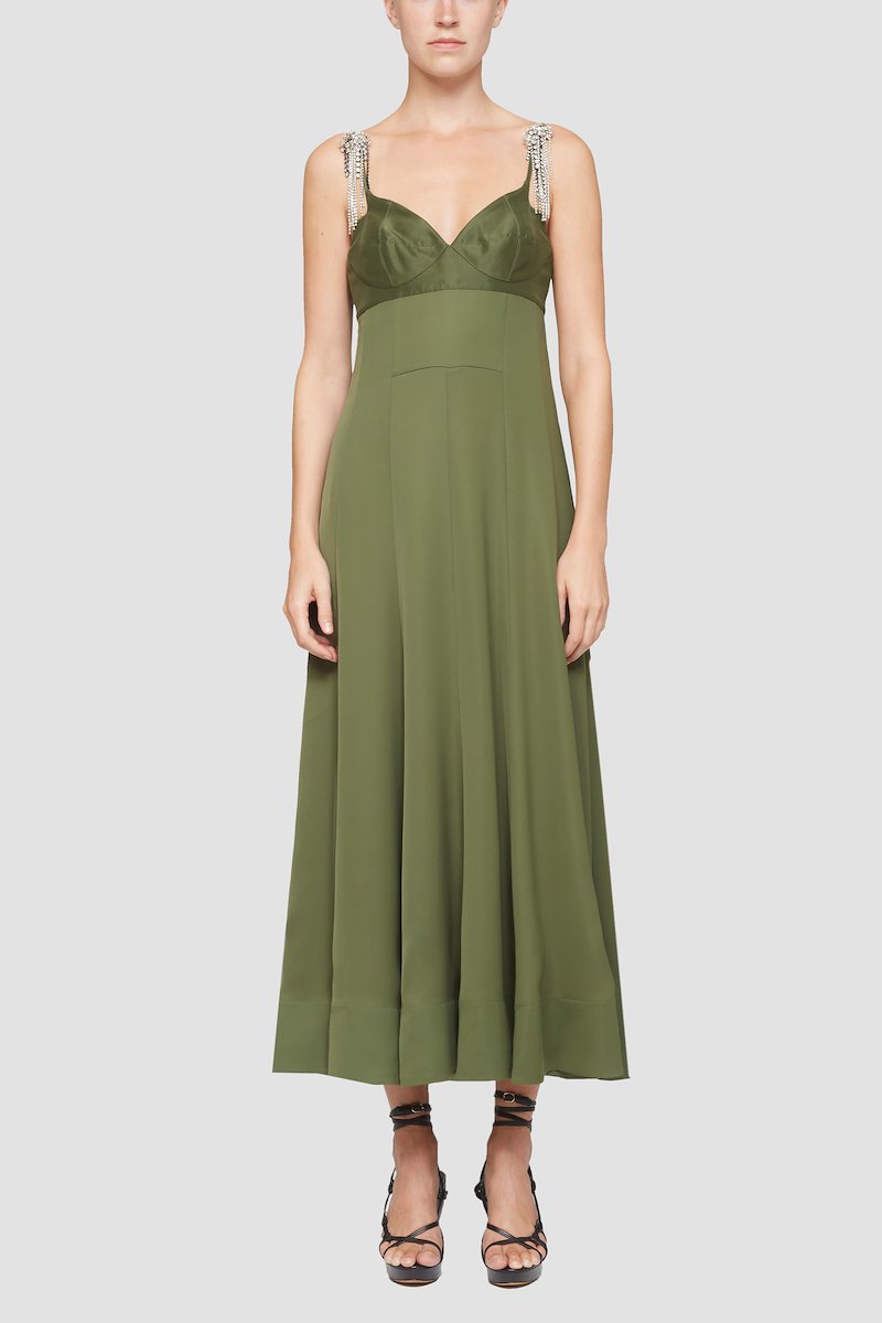 Bustier Gown-green #1 Bustier Gown, dark green spaghetti straps sweetheart neck crystal embellishment rear zip fastening flared design mid-length- 1